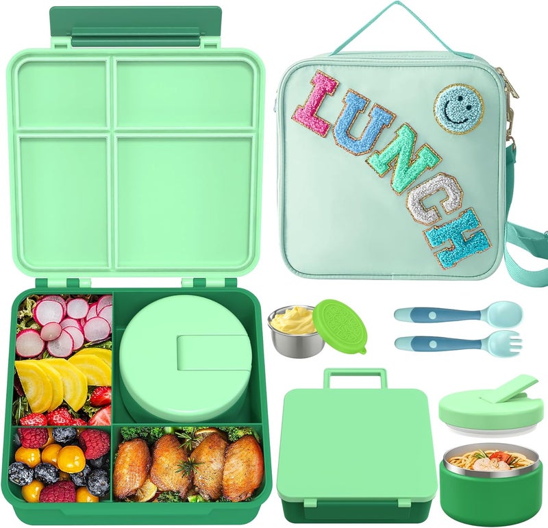 Aimsnk Kids Bento Lunch Box with 8oz Soup Thermo, Kids Leakproof Lunch Food Containers with 4 Compartment,Insulated Hot Food Jar with Lunch Bag for School, Travel (Green) - Image 1